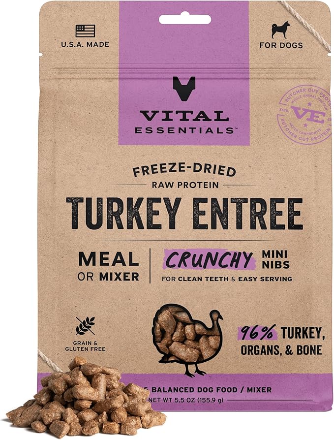 Vital Essentials Freeze Dried Dog Food, Raw Turkey Crunchy Mini Nibs | Complete Meal or Topper | 96% Turkey, Organs & Bone | Limited Ingredient, High Protein, Grain Free Dry Dog Food | 5.5 oz Bag