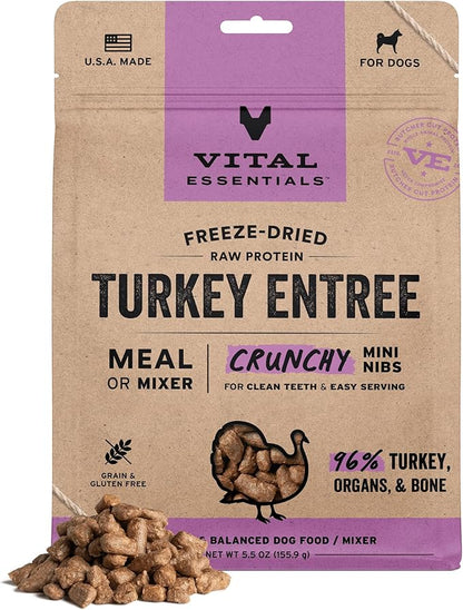 Vital Essentials Freeze Dried Dog Food, Raw Turkey Crunchy Mini Nibs | Complete Meal or Topper | 96% Turkey, Organs & Bone | Limited Ingredient, High Protein, Grain Free Dry Dog Food | 5.5 oz Bag
