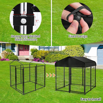 Dog Kennel Outdoor with Roof, 4'x4.2'x4.5' Welded Wire Dog Enclosures for Outside, Heavy Duty Dog Crate with UV-Resistant Waterproof Cover