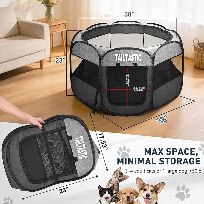 Large Cat Playpen for Multiple Cats, Extra Spacious Pet Tent Playground, Portable Dog Exercise Pen with Room for Toys & Bed, Indoor/Outdoor Enclosure for 2-3 Pets (Light Grey, Large)