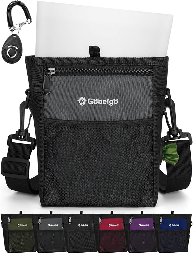 Gobeigo Dog Treat Pouch, Magnetic Closure & Sealable Silicone Bag Insert, 4-Cup Capacity – Belt Clip/Waist Belt/Crossbody Wear, Clicker Included – Great for Pet Training & Walking (Gray)