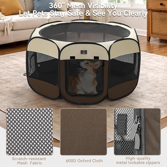 Dog Playpen for Small Dogs & Puppies, 50.39" Portable Indoor Outdoor Puppy Playpen with Bowl, Waterproof Floor, Foldable Pop-Up Pet Pen for Home, Travel & Daily Use, Brown+Beige