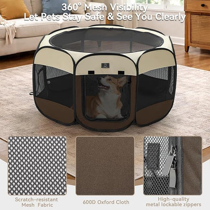 Dog Playpen for Small Dogs & Puppies, 29.92" Portable Indoor Outdoor Puppy Playpen with Bowl, Waterproof Floor, Foldable Pop-Up Pet Pen for Home, Travel & Daily Use, Brown+Beige