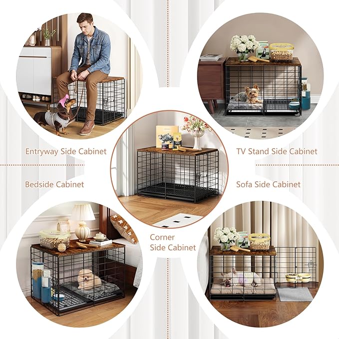 24 Inch Small Dog Crate - Indoor Puppy Kennel with Training Tray, Wooden Top & Thickened Metal Wire, Dog Cage for Small Dogs & Puppies Under 20 lbs, Decorative All-Stage Pet House