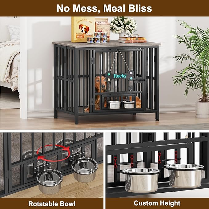 Easycom 31" Dog Crate Furniture Foldable, No Assembly Decorative Dog Kennel Indoor, Dog Crates for Medium Dogs(20-35 lb), Wooden Dog Cage with Adjustable Bowls and Name Tag, End Table, Oak Grey