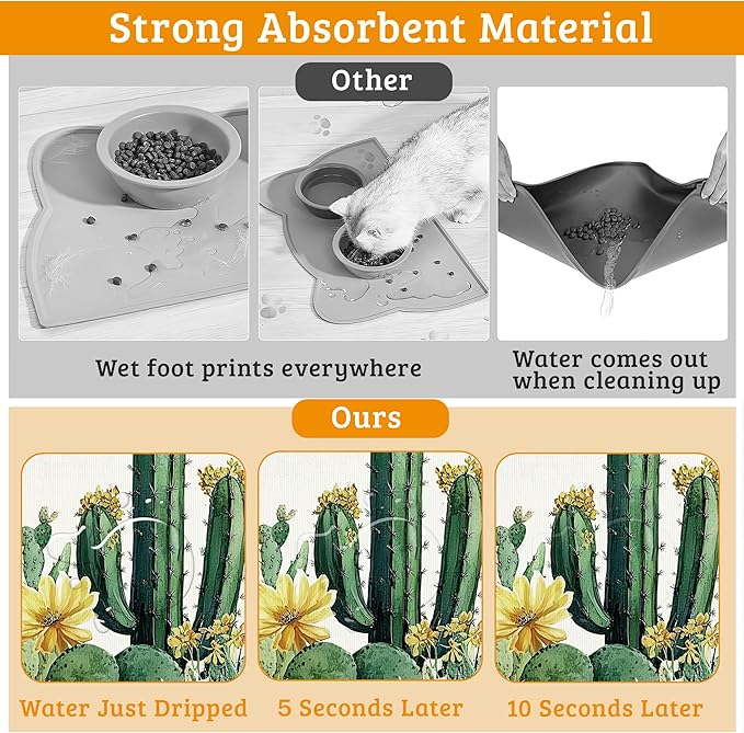Tropical Cactuses Feeding Mat,Blooming Succulents Absorbent Quick-Dry Cat Dog Food and Water Bowl Mats,Non-Slip Rubber Backing Mat,Cat Dog Accessories Supplies 12" x 20"