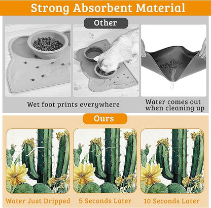 Tropical Cactuses Feeding Mat,Blooming Succulents Absorbent Quick-Dry Cat Dog Food and Water Bowl Mats,Non-Slip Rubber Backing Mat,Cat Dog Accessories Supplies 12" x 20"