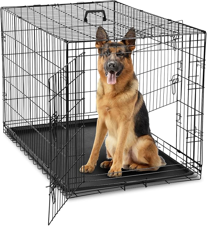 DUMOS Dog Crate, 42 Inch Large Double Door Dog Cage with Plastic Leak-Proof Pan Tray, Folding Metal Wire Pet Kennel for Indoor, Outdoor, Travel