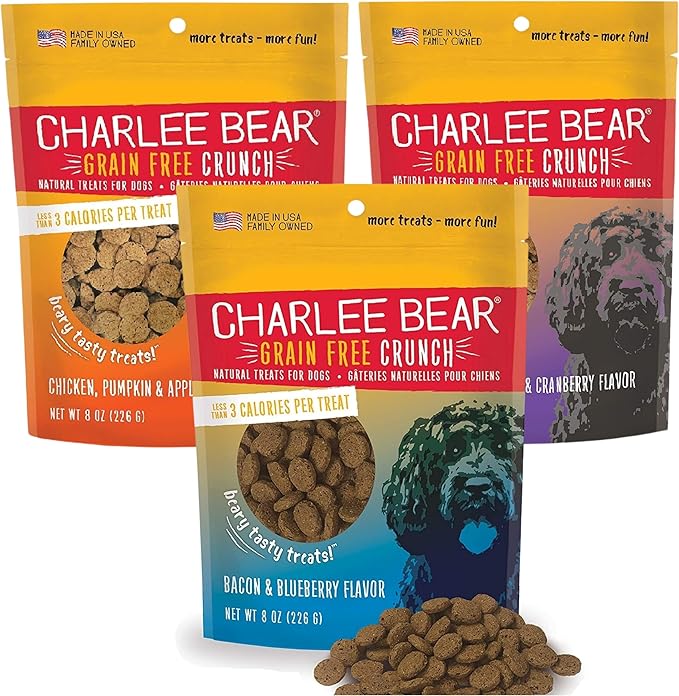 Charlee Bear Crunchy Dog Training Treats, Low Calorie (3 Kcal), Grain Free Natural Mini Dog Treats for Puppies, Small, Medium & Large Dogs, USA Made, Healthy 3 Flavor Variety Pack 8oz (3-Pack)