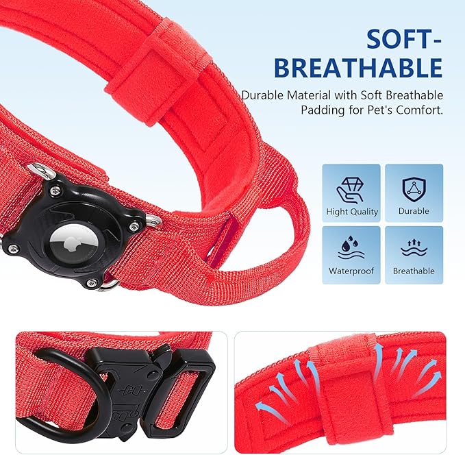 Smart Waterproof AirTag Dog Collar with QR Code ID Tag, Anti-Lost Tactical Dog Collar with Built-in AirTag Holder, Metal Buckle & Control Handle, GPS Tracker Collar for Medium to Large Dogs (Red, L)