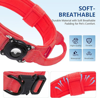 Smart Waterproof AirTag Dog Collar with QR Code ID Tag, Anti-Lost Tactical Dog Collar with Built-in AirTag Holder, Metal Buckle & Control Handle, GPS Tracker Collar for Medium to Large Dogs (Red, L)