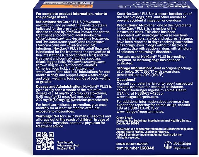 NexGard Plus (afoxolaner, moxidectin, and pyrantel) Flea and Tick Protection & Heartworm Preventive for Dogs Soft Beef Flavored Chewables, 4-8 lbs. (Orange ) 6 Chews (6 Month Supply)