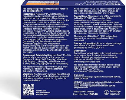 NexGard Plus (afoxolaner, moxidectin, and pyrantel) Flea and Tick Protection & Heartworm Preventive for Dogs Soft Beef Flavored Chewables, 4-8 lbs. (Orange ) 6 Chews (6 Month Supply)
