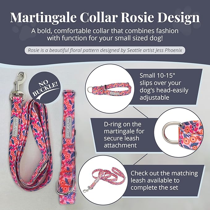 Lucky Love Dog Martingale Dog Collar - Adjustable, No-Slip, Durable, & Soft Webbing Collar for Male and Female Dogs Ideal for Training & Walking - Rosie, Small