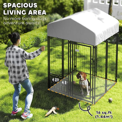 PawHut 4' x 4' x 6' Outdoor Dog Kennel, Welded Wire Dog Kennel Outside Run with 360° Rotating & 4 Level Adjustable Bowls, Waterproof & UV Resistant Cover, for S&M Breeds, Chickens, Ducks, Silver
