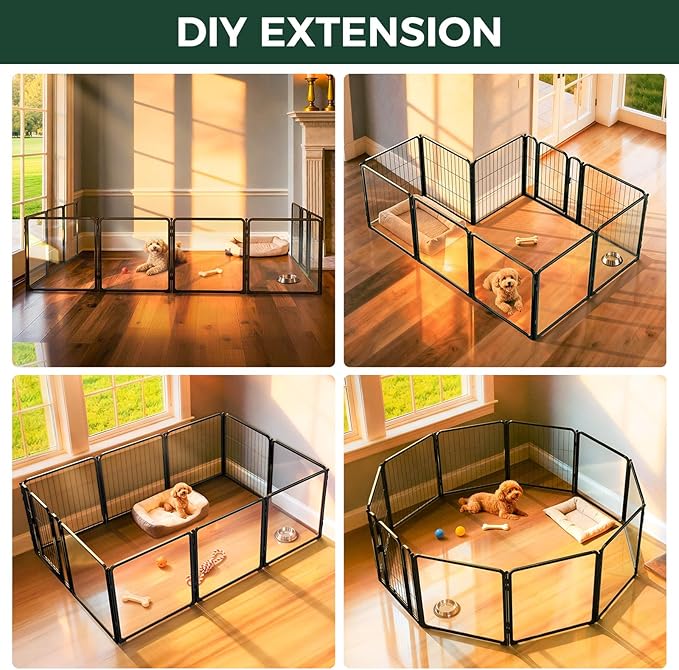 FXW AuraSpace Pro Acrylic & Wire Mesh Indoor Dog Playpen, 24" Height 10 Panels Metal Dog Pen for Puppies & Small Dogs, Black│Patented