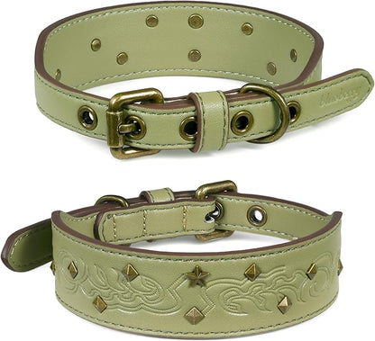 Blueberry Pet Premium Embossed Sage Green Glam Silver-Powered Freshness Microfiber Leather Dog Collar with Antique Brass Studs