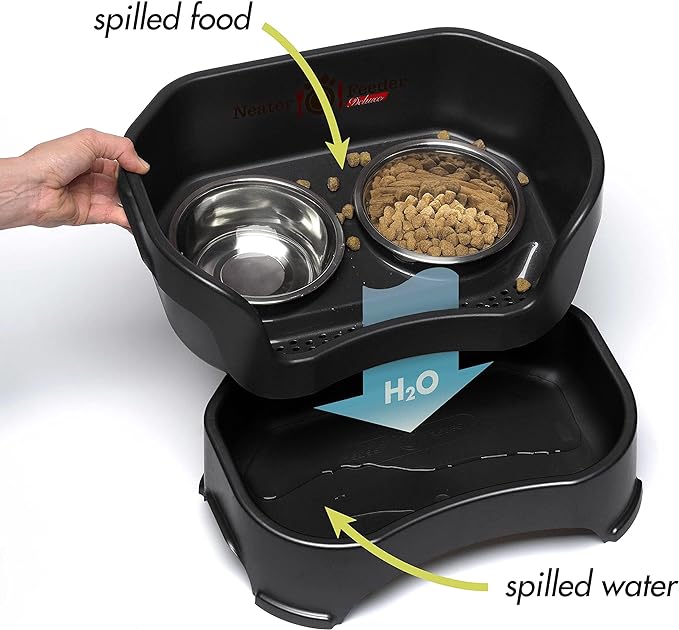 Neater Feeder Deluxe Mess-Proof Elevated Dog Bowls for Medium Dogs (19–40 lbs), 2 Height Adjustable (10” & 12.5”) No-Spill Raised Dog Bowl Stand, Stainless Steel Food Bowl Set, Made in USA, Black