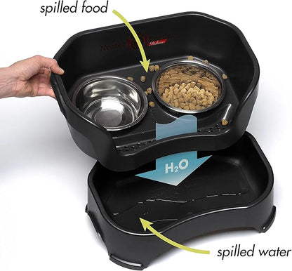 Neater Feeder Deluxe Mess-Proof Elevated Cat Bowls, 2 Height Adjustable (6” & 7.5”) No-Spill Raised Cat Bowl Stand, Whisker Friendly Stainless Steel Dishes for Indoor Cats, Made in USA, Black