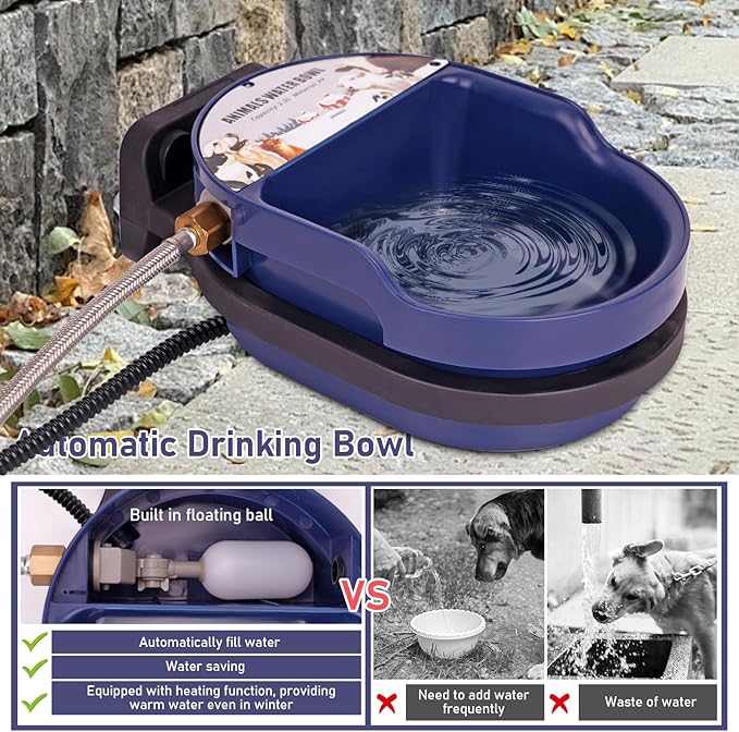 Automatic Heated Dog Water Bowl Outdoor Large Breed Auto Fill Heated Pet Cat Chicken Water Bowl with Float Valve Dog Water Dispenser Pet Waterer for Cat Chicken Goat Pig Horse Livestock