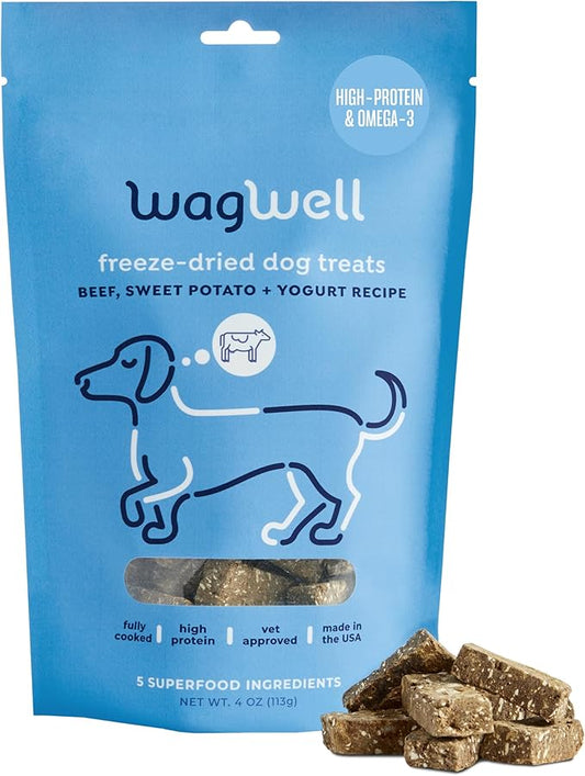 WagWell Freeze Dried Dog Treats, Beef + Yogurt + Sweet Potato Flavor | Training Treats, Food Topper, Healthy Snack for Dogs | Human Grade, Grain Free, High Protein | Made in USA | 4 oz Bag, 1 Pack