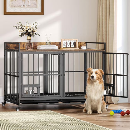 YITAHOME 37.5'' Heavy Duty Dog Crate with Removable Divider, Double Doors & Locks Design, Furniture Style Large Dog Crate with 360° Rotatable Dog Bowls & 360° Wheels & 2 Trays for Small Dog