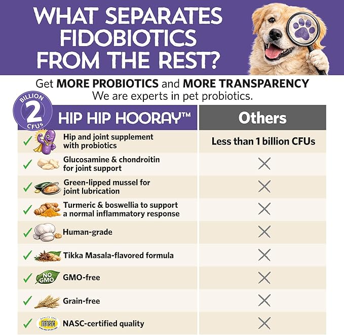 Fidobiotics Hip & Joint Support for Dogs with Probiotics – Glucosamine, Chondroitin, MSM & Green Lipped Mussel – Dog Joint Supplement Powder Food Topper for Mobility & Digestion (20 Servings)