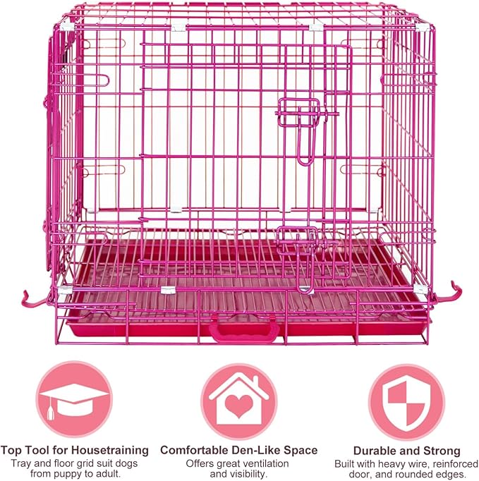 HOMEY PET 24 Inch Small Dog Crate, Cute Pink Puppy Cage Collapsible Dog Kennel Indoor, Nano-Coated Metal Wire Dog Crate with Removable Floor Grid Tray, Double Doors Dual Locks, Portable Handle