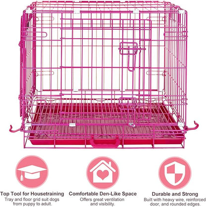HOMEY PET 24 Inch Small Dog Crate, Cute Pink Puppy Cage Collapsible Dog Kennel Indoor, Nano-Coated Metal Wire Dog Crate with Removable Floor Grid Tray, Double Doors Dual Locks, Portable Handle