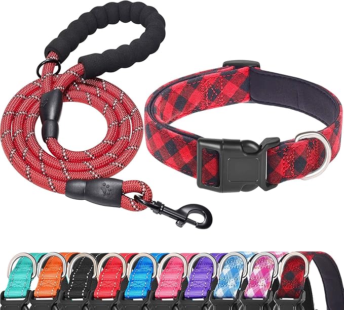 Ladoogo Reflective Dog Collar Padded with Soft Neoprene Breathable Adjustable Nylon Dog Collars for Small Medium Large Dogs (Medium (Pack of 1), Red Plaid Collar+Leash)