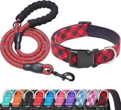 Ladoogo Reflective Dog Collar Padded with Soft Neoprene Breathable Adjustable Nylon Dog Collars for Small Medium Large Dogs (Medium (Pack of 1), Red Plaid Collar+Leash)
