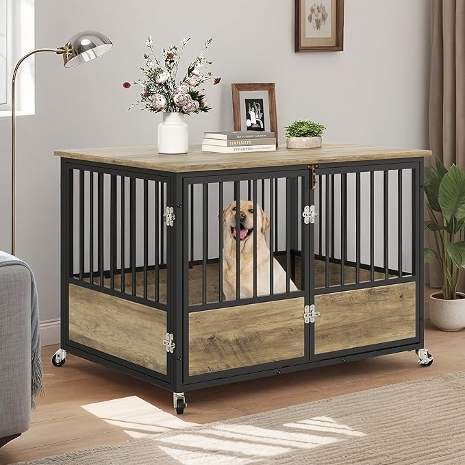 DWVO Dog Crate Furniture with Wheels, 43 Inch Dog Kennel Indoor Furniture End Table Dog Crate for Dogs, Farmhouse Decorative Wooden Dog Cage Table with Double-Doors, Chew-Resistant, Greige