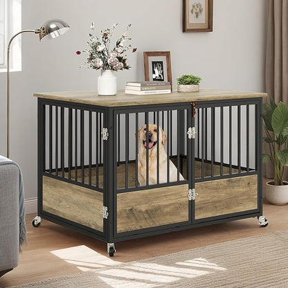 DWVO Dog Crate Furniture with Wheels, 43 Inch Dog Kennel Indoor Furniture End Table Dog Crate for Dogs, Farmhouse Decorative Wooden Dog Cage Table with Double-Doors, Chew-Resistant, Greige