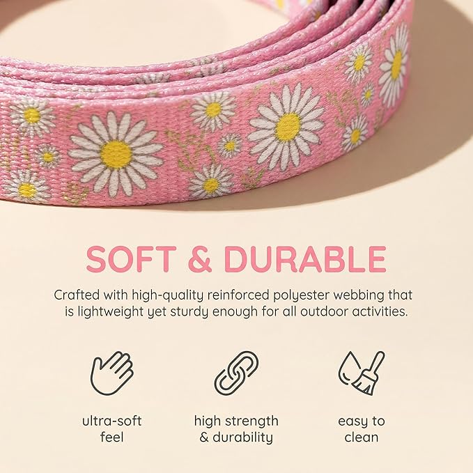 Pink Martingale Dog Collar and Leash Set for Female Dogs, Cute Daisy Pattern Girl Dog Collar, Adjustable Soft Durable Pet Collar with 5ft Matching Leash for Small Medium Large Dogs