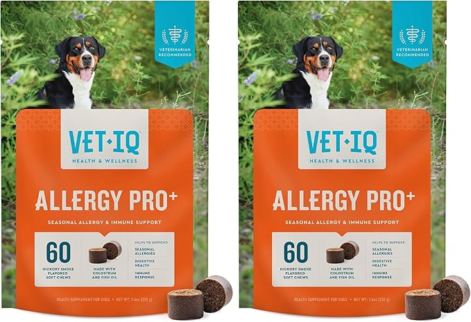 VetIQ Allergy Pro+ Soft Chews for Dogs, 60 Count, Seasonal Allergy Support, Colostrum, Astragalus Root, Sporevia, Hickory Smoke Flavor (Pack of 2)