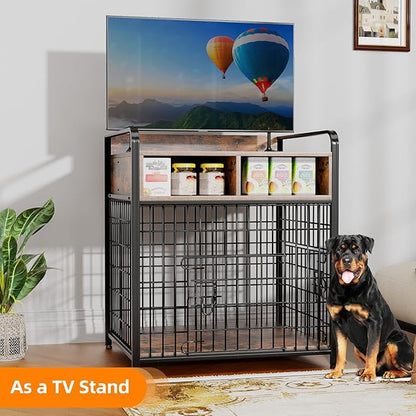 Kepptory Small Dog Crate Furniture with Drawers Storage, Puppy Dog Kennel Indoor with Double Doors, Heavy Duty Wooden Dog Cage Table, Sturdy Metal, Rustic Brown