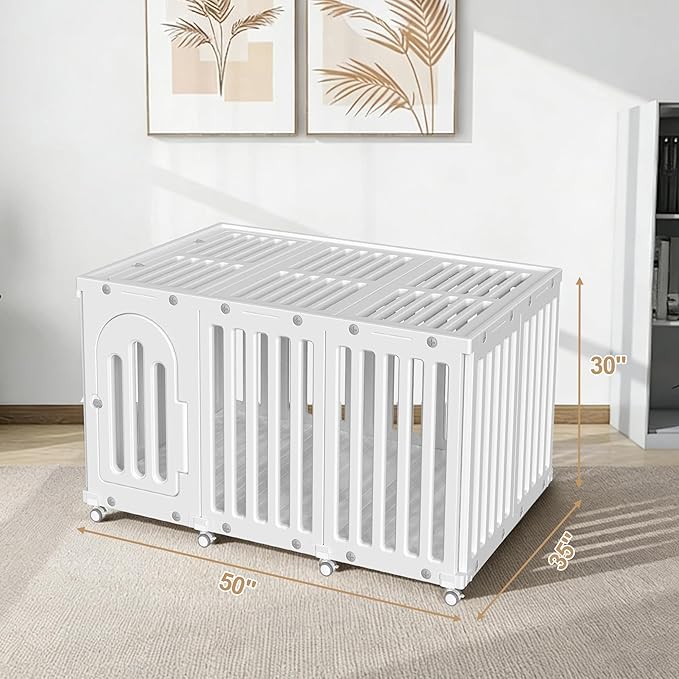 Dog Playpen with Door & Cover Top, Fence Panel Puppy Playpen, Room Dog Crate, Pet Playpen for Small & Medium Dogs, Puppy Play Pen for Indoors & Outdoor (50" L x 35" W x 30" H)