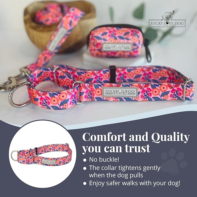 Lucky Love Dog Martingale Dog Collar - Adjustable, No-Slip, Durable, & Soft Webbing Collar for Male and Female Dogs Ideal for Training & Walking - Rosie, Large