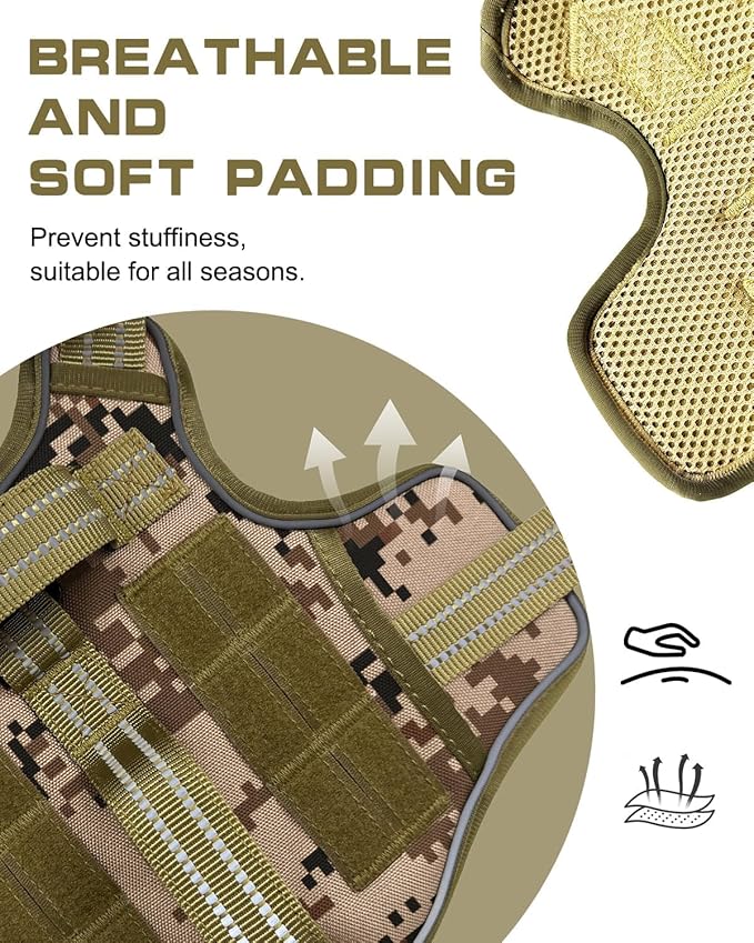 Small Dog Harness, Heavy Duty Tactical No Pull Dog Harness, No Choke, Easy On and Off Pet Vest with Molle System, Adjustable Reflective Dog Vest with Breathable Padded for Walking Hiking Training
