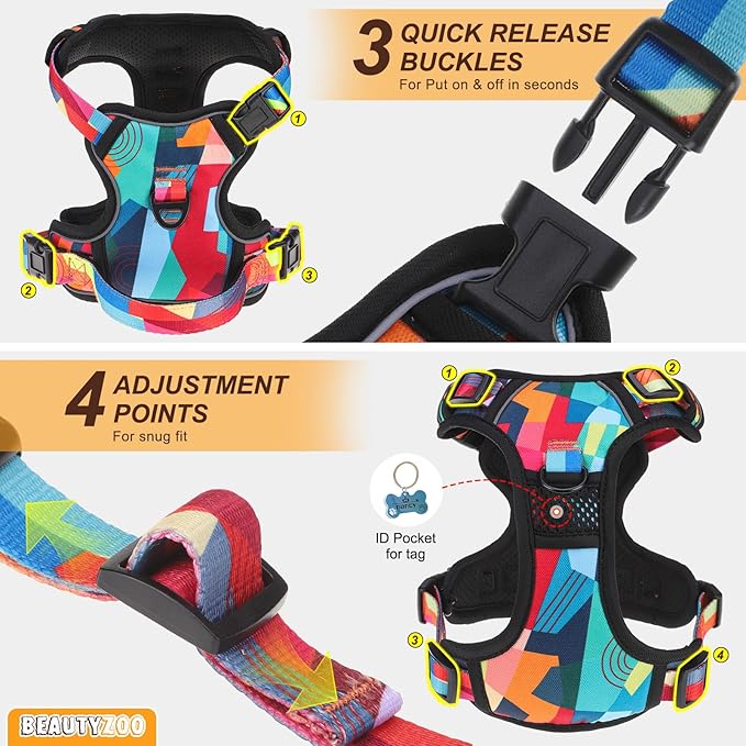 BEAUTYZOO No Pull Dog Harness Large, Adjustable Dog Harness and Leash Set -Easy Wearing with 3 Buckles/Control Handle,No Choke Soft Padded Reflective Pet Vest for Training Walking Hiking, XL