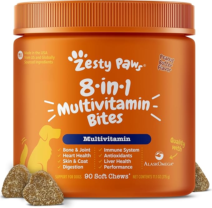 Zesty Paws Multivitamin Treats for Dogs, Glucosamine Chondroitin Joint Support + Digestive Enzymes & Probiotics, Grain Free Dog Vitamins and Supplements for Skin & Coat, Peanut Butter - 90ct