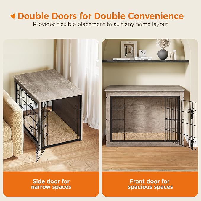 Yaheetech 38'' Dog Crate Furniture with Cushion Wooden Dog Crate with Double Doors/Adjustable Feet Side End Table for Medium/Large Dogs, 37.80" L x 25.59" W x 26.57" H