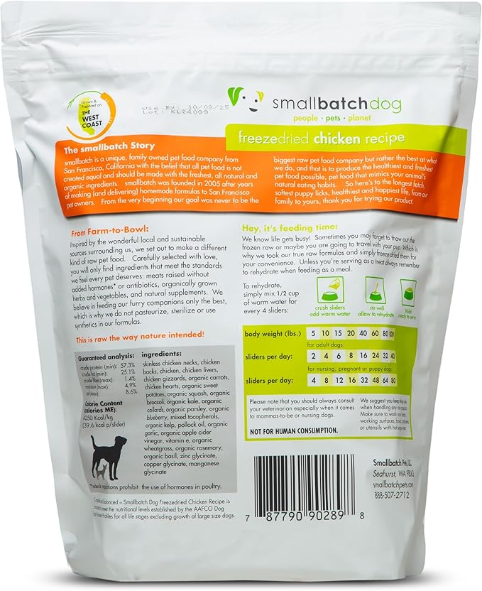 smallbatch Pets Freeze Dried Raw Dog Food, Chicken Recipe, 25 oz, Organic High Protein Dog Food, Grain Free, Made in the USA, Humanely Raised Meat, Single Protein, for Picky Eaters, Hydrate & Serve