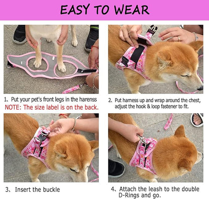 Moonpet Step in Dog Harness Leash Set- All Weather Reflective No-Pull Floral Pattern Padded Mesh Vest Harness for Cats Puppy Extra-Small Small Medium Large Dogs - Purple Flower - XS