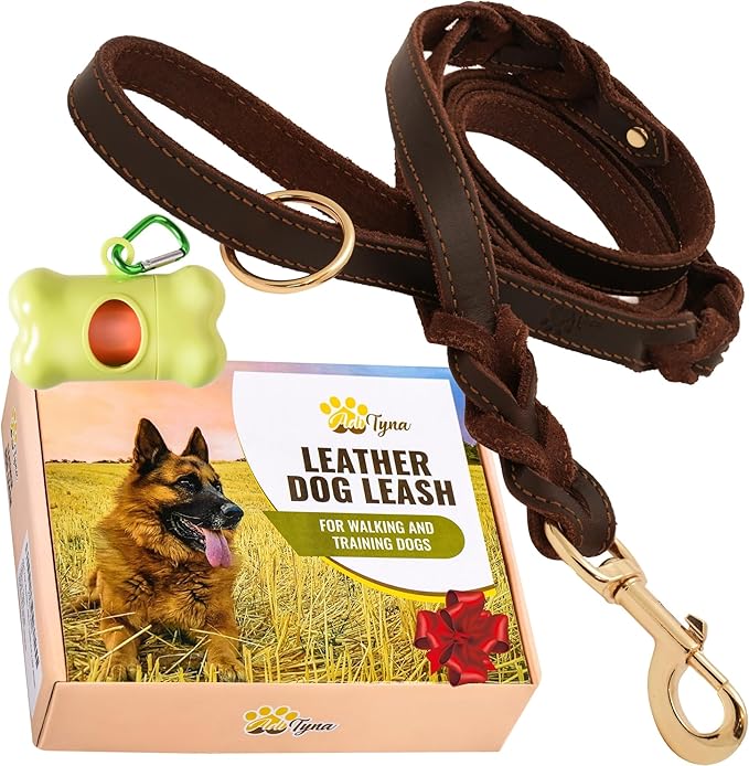 ADITYNA - Double Handle Leather Dog Leash 6ft - Heavy Duty Braided Dog Leash with Traffic Handle - Lead for Training and Walking Medium Large Breeds (Brown, Two Handles 6 Foot x 3/4")