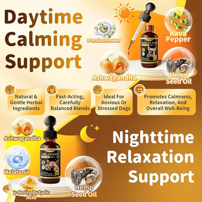 Dog Calming & Melatonin Drops, Day & Night Calm Support Set, Soothe Separation & Stress, Enhance Calmness & Sleep with Valerian Root, Ashwagandha, GABA, Melatonin, Chicken Flavor, 2 FL.Oz