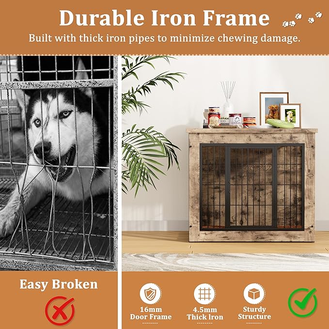 Greesum Modern Dog Crate Furniture That Doubles as a Side Table - Sturdy Wooden Kennel with Double Door Design, Equipped with Soft Cushion & Chew-Resistant Resign, Suitable for Dogs