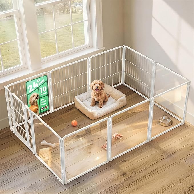 FXW AuraSpace Pro Acrylic & Wire Mesh Indoor Dog Playpen, 24" Height 10 Panels Metal Dog Pen for Puppies & Small Dogs, White│Patented