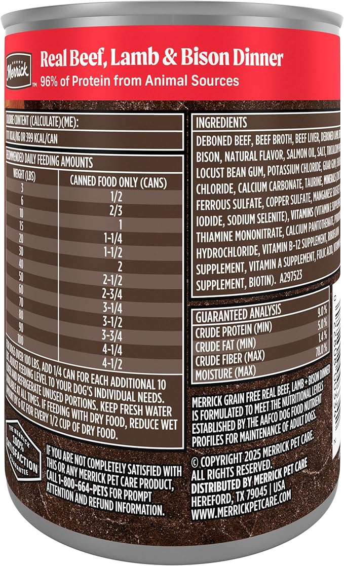 Merrick Grain Free Premium and Natural Canned Dog Food, Soft & Healthy Poultry Free Wet Recipe, Real Beef Lamb and Bison - 12.7 oz. Cans, (Pack of 24)