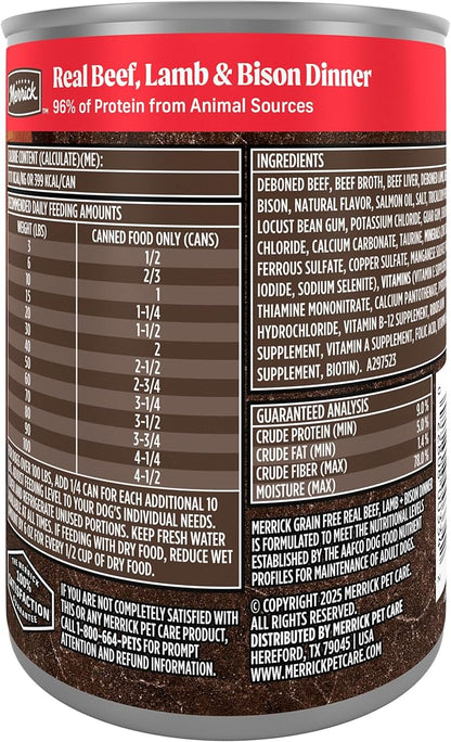 Merrick Grain Free Premium and Natural Canned Dog Food, Soft & Healthy Poultry Free Wet Recipe, Real Beef Lamb and Bison - 12.7 oz. Cans, (Pack of 24)